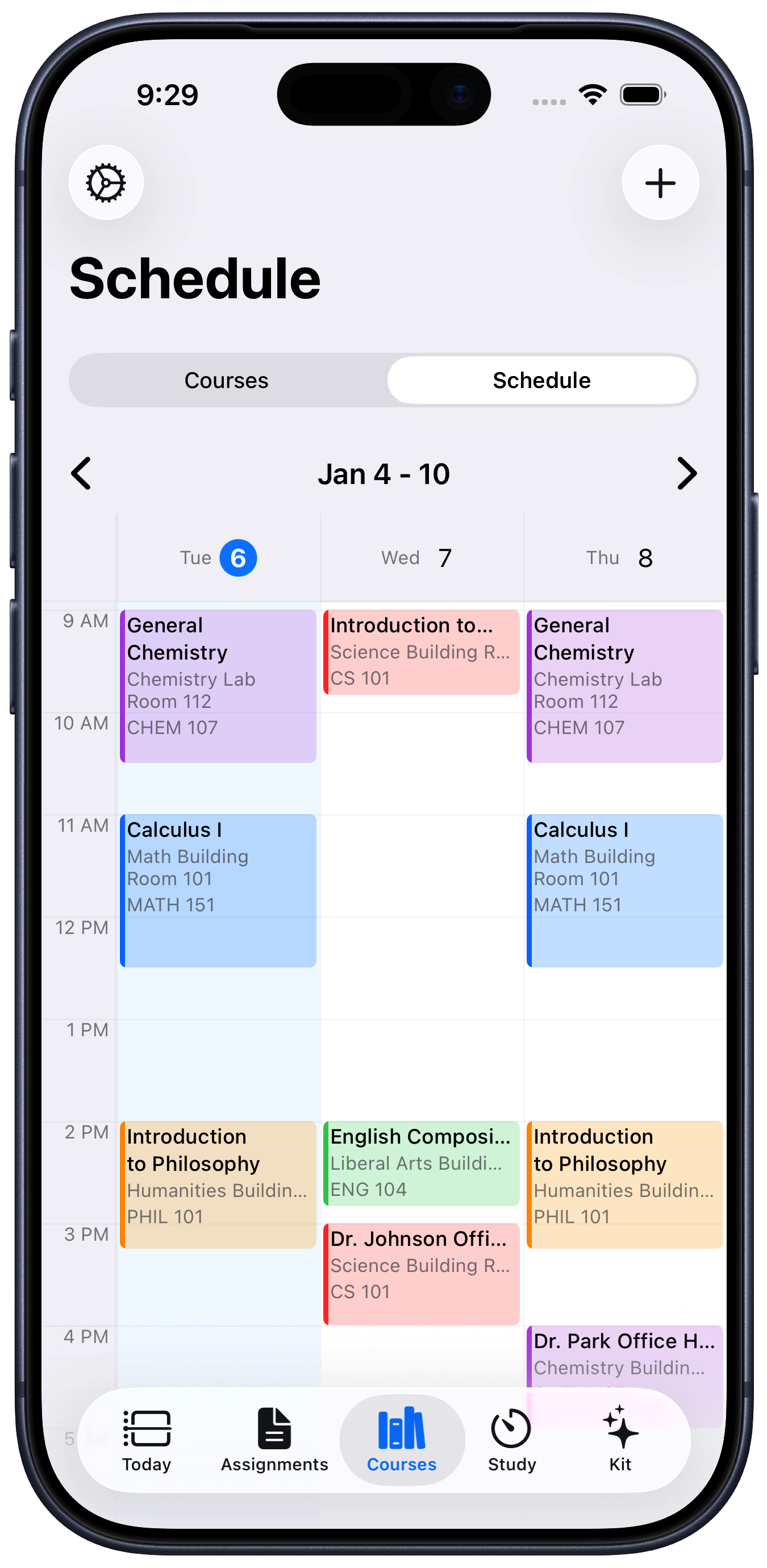 StudyKit Schedule View showing color-coded weekly class schedule