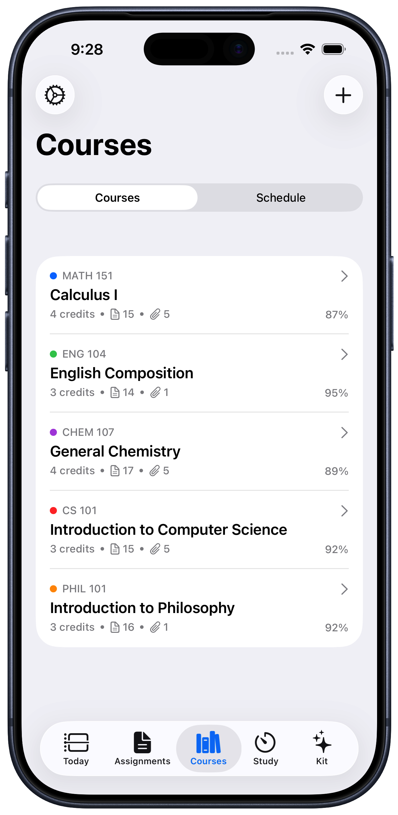 StudyKit Courses showing organized semesters and courses
