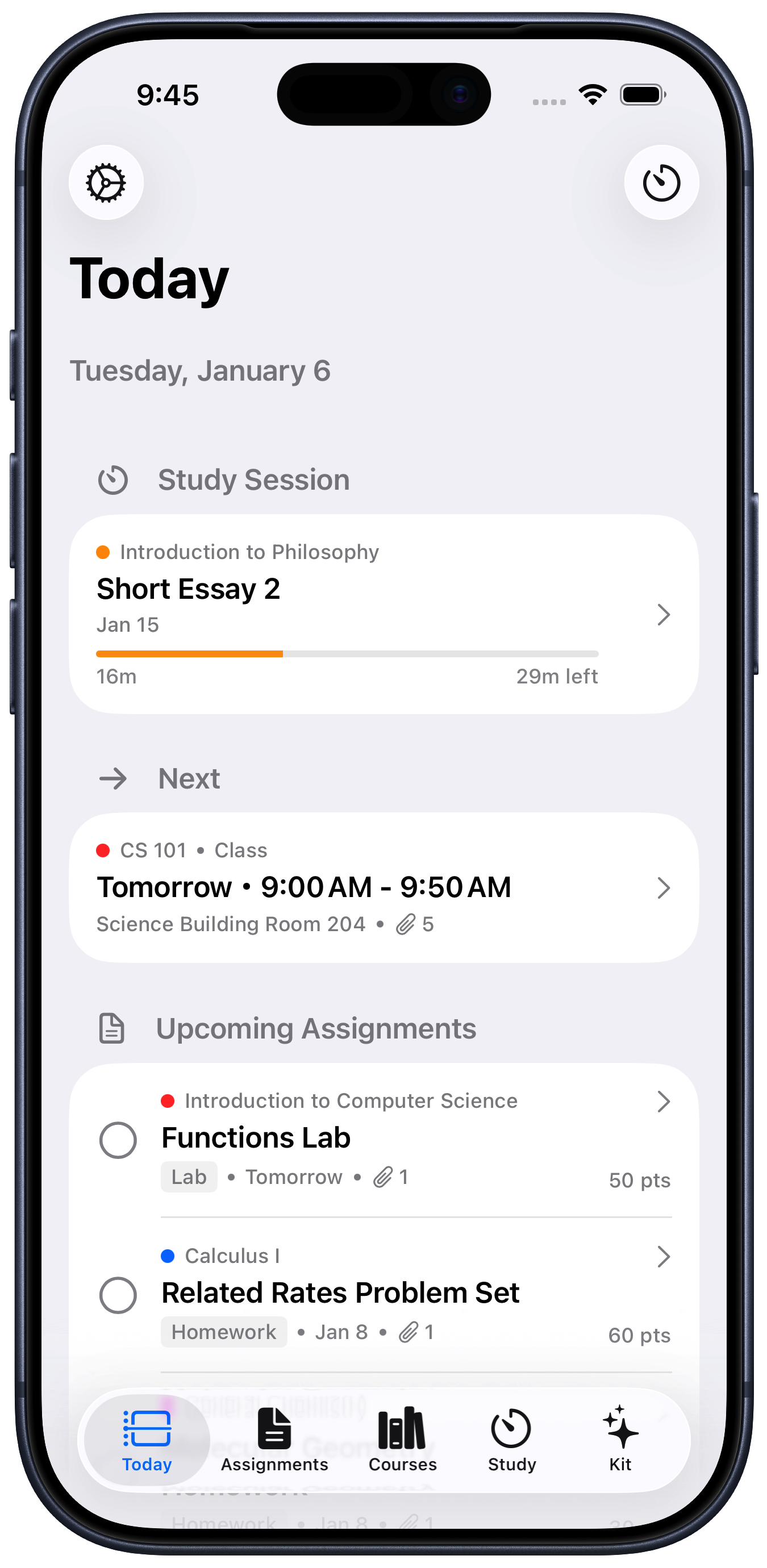 StudyKit Today View showing your daily schedule and upcoming assignments